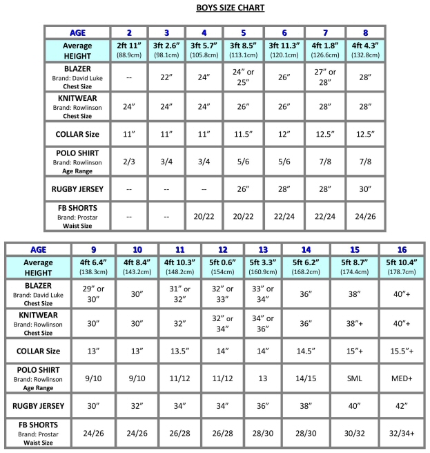 School Blazer Size Chart