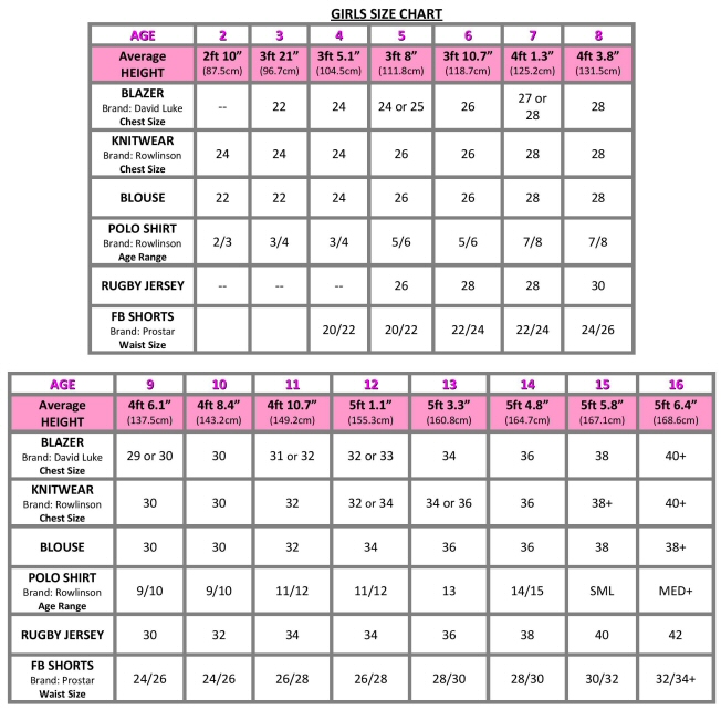 School Blazer Size Chart